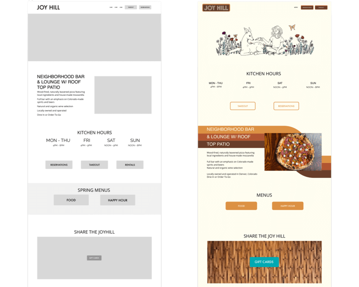 Image of wireframes and design file for Joy Hill web site