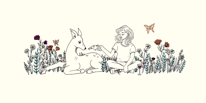 A drawing of a woman eating pizza with a deer surrounded by flowers.