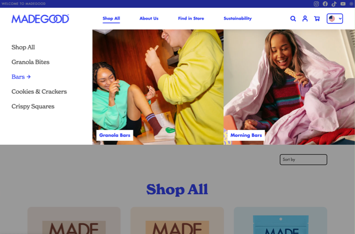 screenshot of Made Good website showcasing mega menu, announcement bar, and language picker