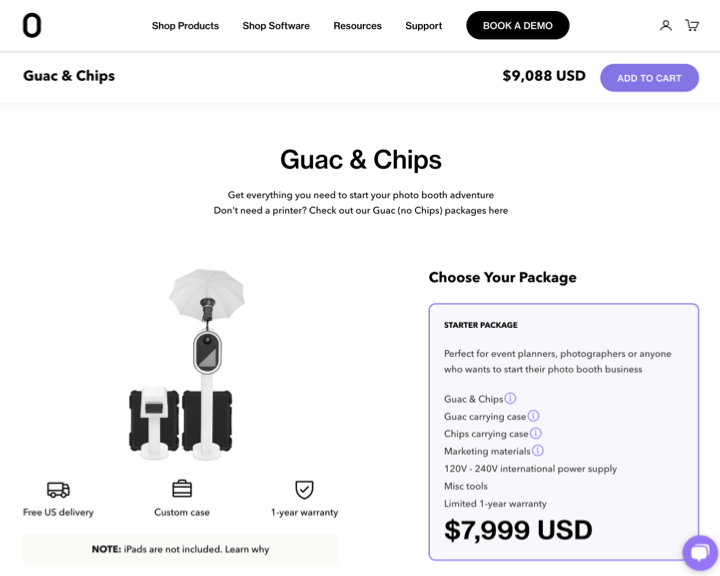 screenshot Photobooth Supply Co showcasing custom bundle product selection page