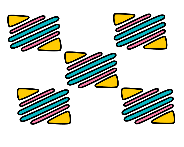 5 repeating patterns in an x shape. Each pattern has two triangles (yellow) and 4 bars (pink and turquoise). Each shape has a black outline around it. 